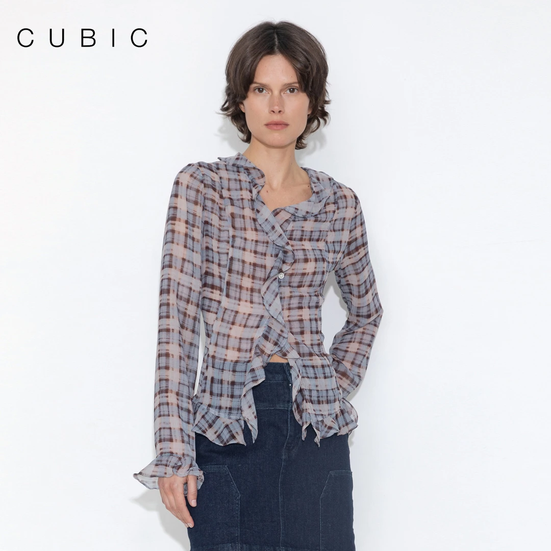 CUBIC 夏日海岛 格纹轻盈雪纺纱荷叶边V领微收腰直筒宽松长袖衬衫