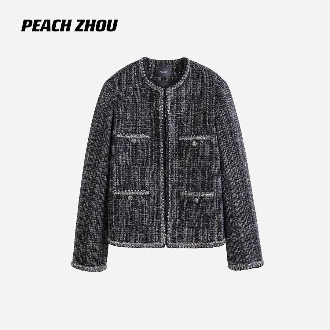 『PEACHZHOU』羊毛花呢'小时代'贵气小香风宽松圆领高级感毛呢外套