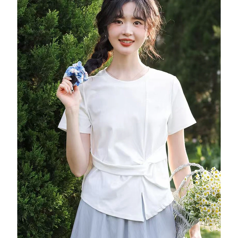 女士圆领短袖T恤小众时尚气质百搭上衣8853