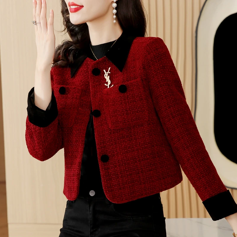 小香风短款毛呢外套女2025新款秋冬爆款小个子妈妈本命红色上衣