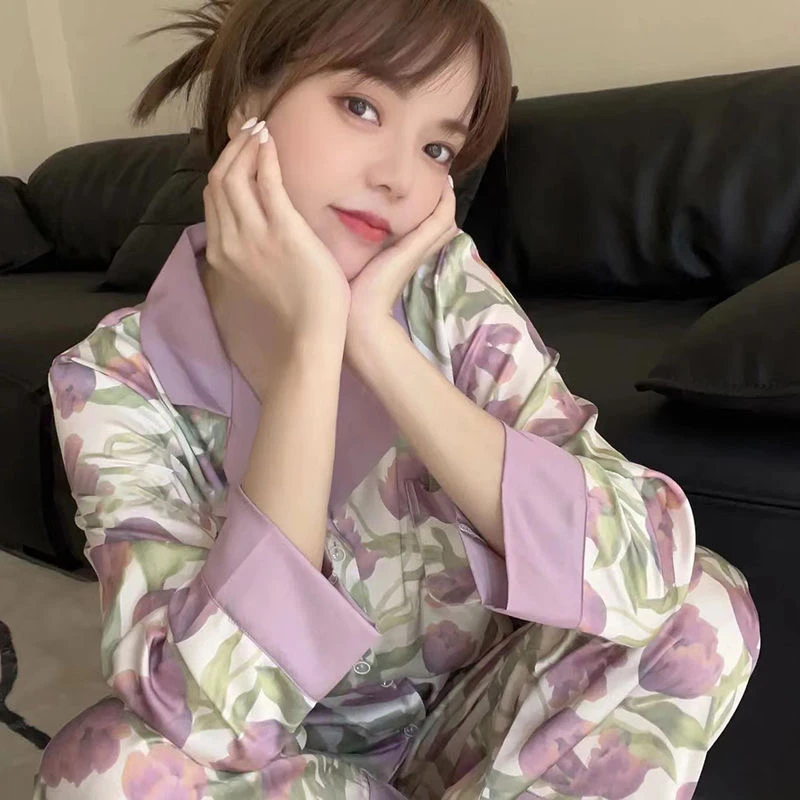 紫色郁金香春夏季冰丝凉感睡衣家居服女爆款2025新款外穿长袖套装