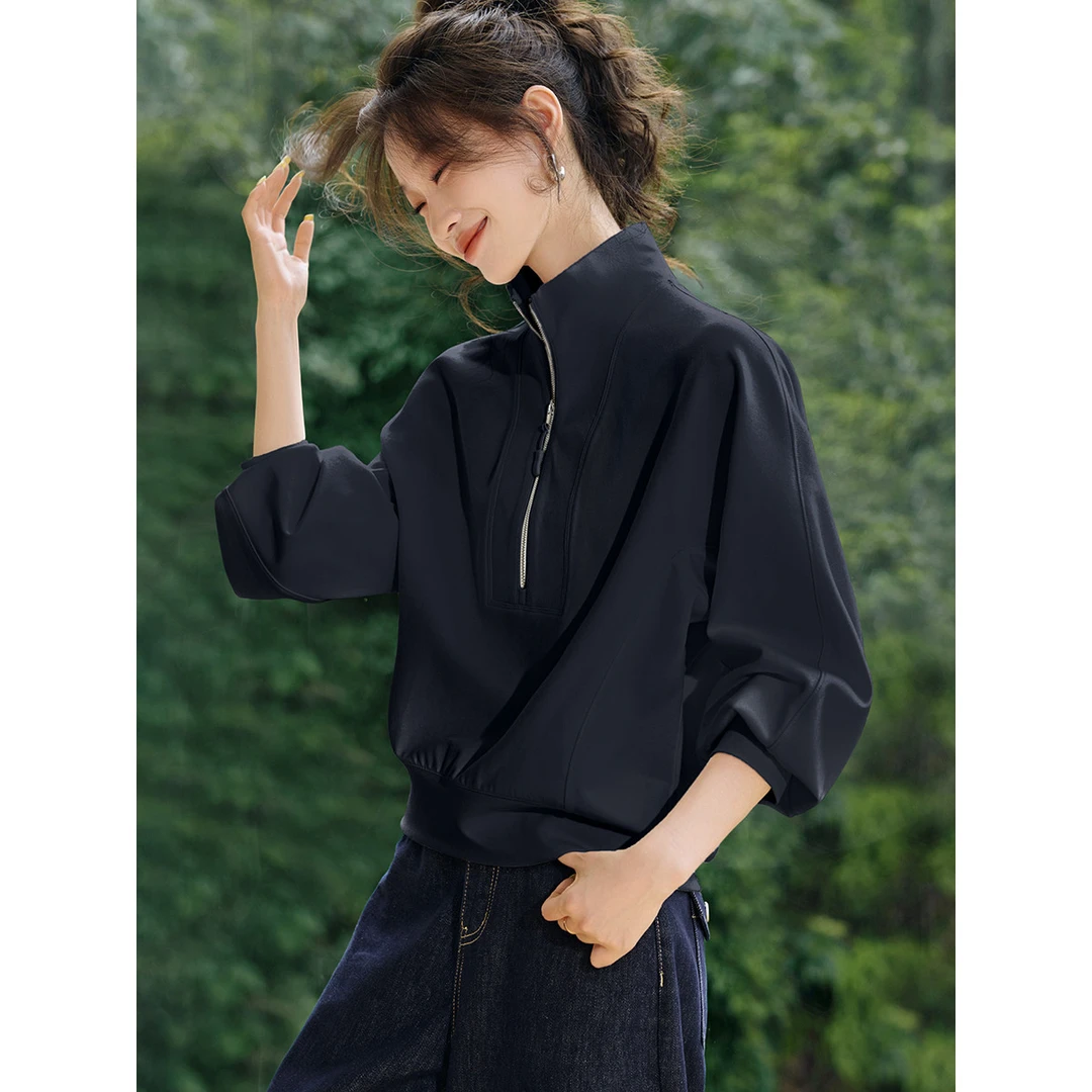 SM潮流秋季新款休闲慵懒风上衣立领半拉链设计感长袖卫衣女外套