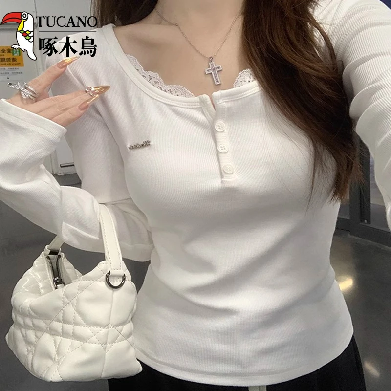 啄木鸟春季新款v领薄款蕾丝边长袖女t恤洋气减龄上衣女士修身显瘦