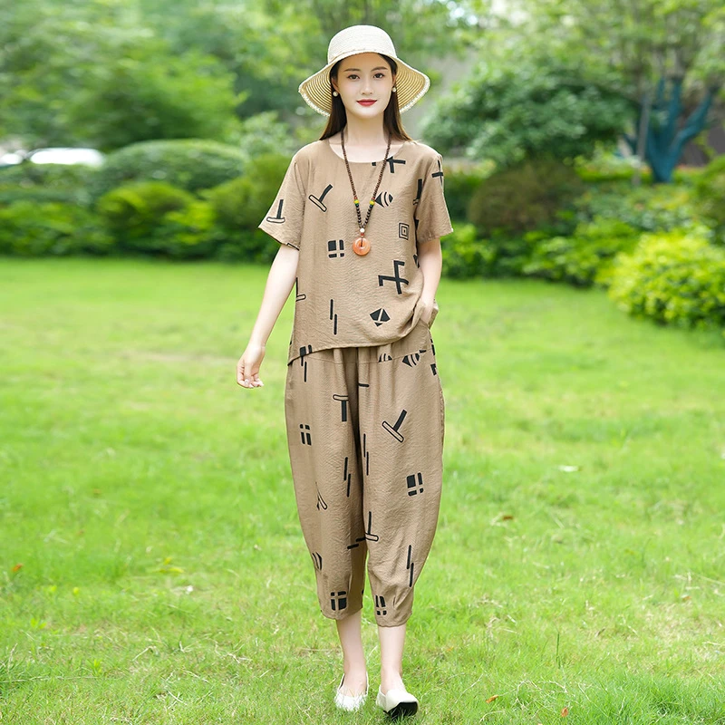 中老年妈妈装两件套棉麻T恤女夏季九分裤套装老年人衣服休闲女装