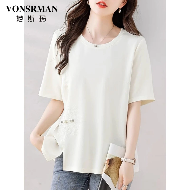 范斯玛刺绣纯色短袖T恤女2025新款夏季上衣 新中式打底衫大码女装