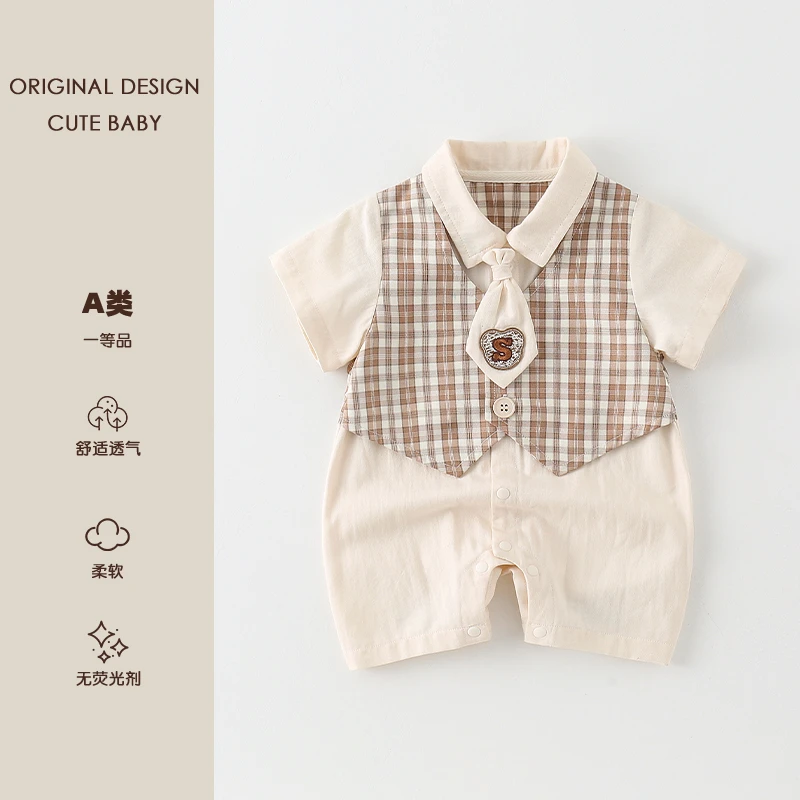 新生儿夏季连体衣男宝宝婴儿夏装短袖爬服假两件学院风洋气外出服