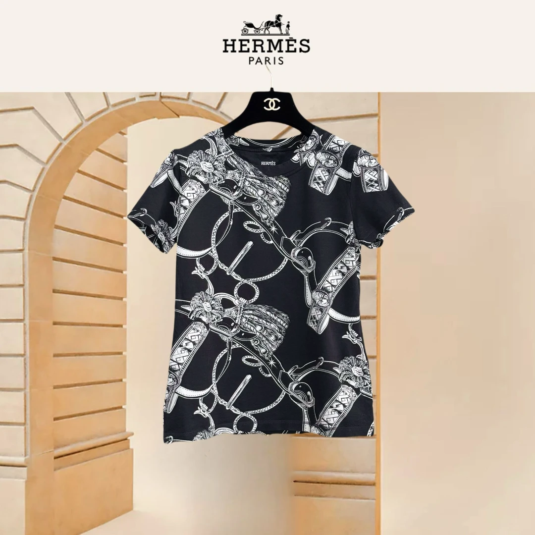 99新 Hermes/爱马仕 38码黑白涂鸦圆领短袖T恤