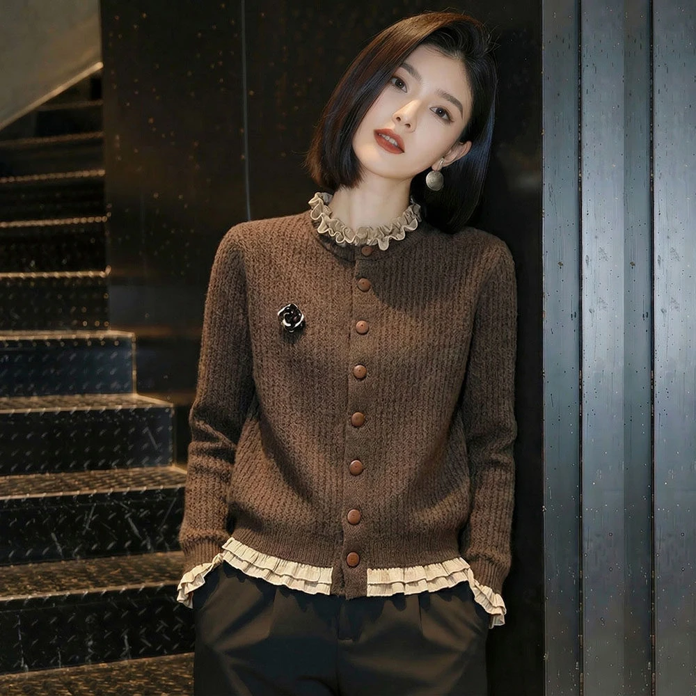 咖色木耳边立领毛衣开衫女早春新款高级感洋气显瘦内搭针织衫上衣