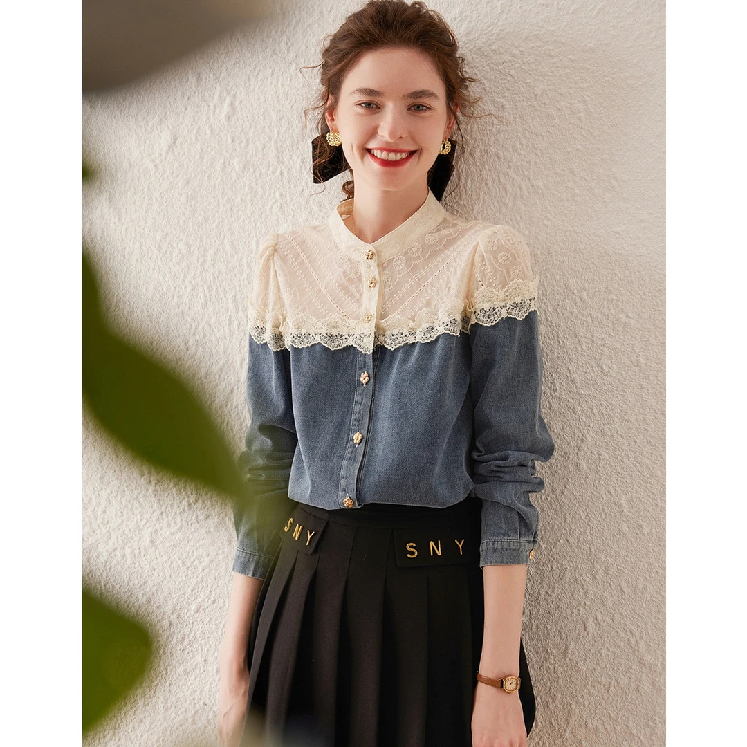 白鹿语春秋时尚牛仔蓝长袖撞色拼接蕾丝立领衬衣衬衫HL10197