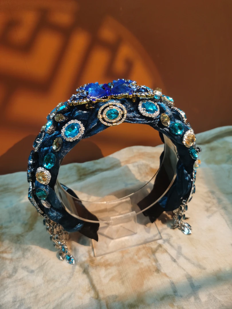 【蓝孔雀】原创自制手作新中式国风水晶流苏高颅顶发箍