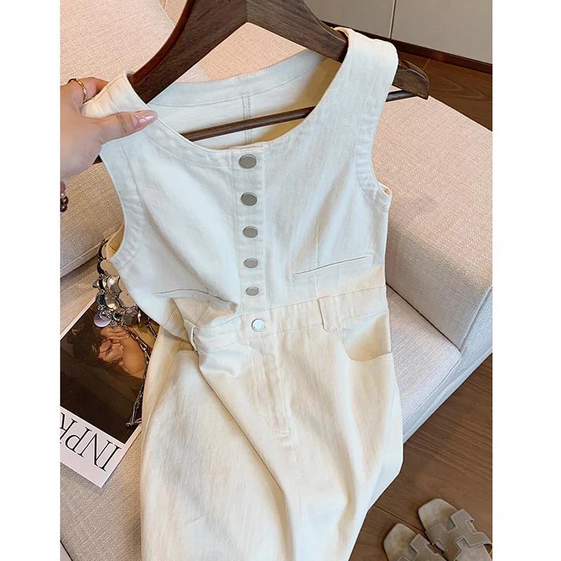 米白色小香风无袖背心连衣裙女夏新款高级感法式气质牛仔短款裙子