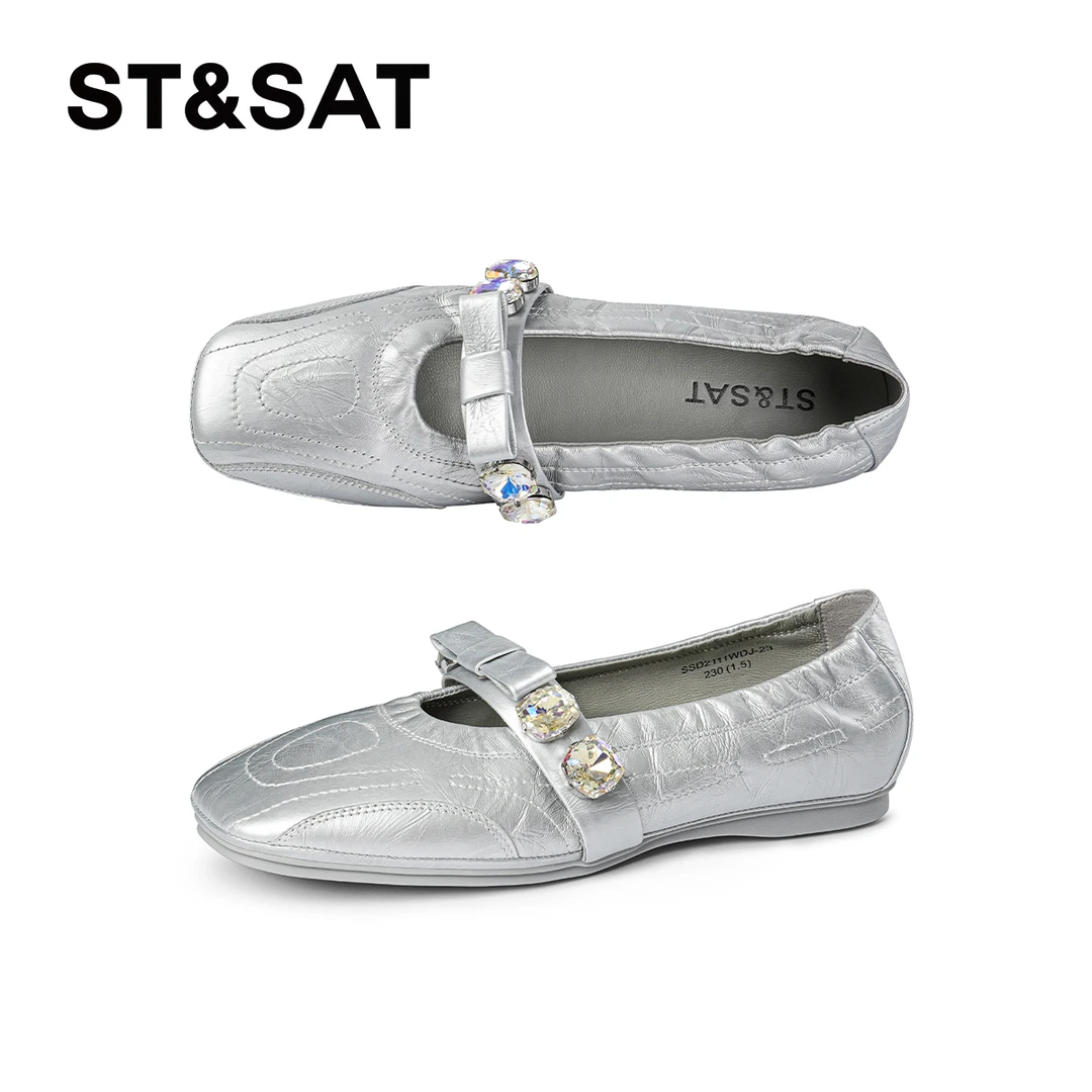 蝴蝶结低跟复古软底圆头银色真皮港风公主鞋舒适水钻百搭浅口单鞋