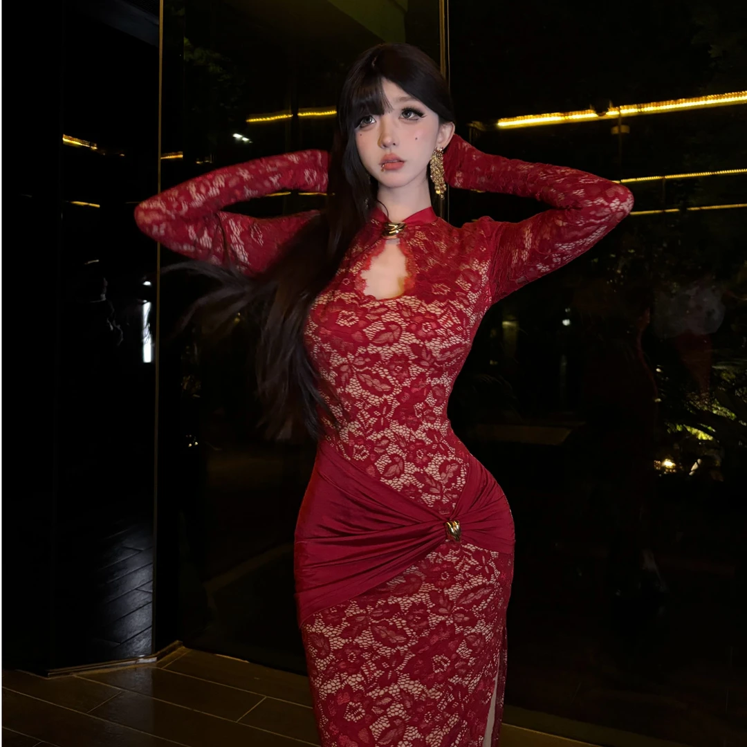 【小洋家原创】（海棠花）甜美名媛风镂空蕾丝挂脖长裙SXYYN408035-1