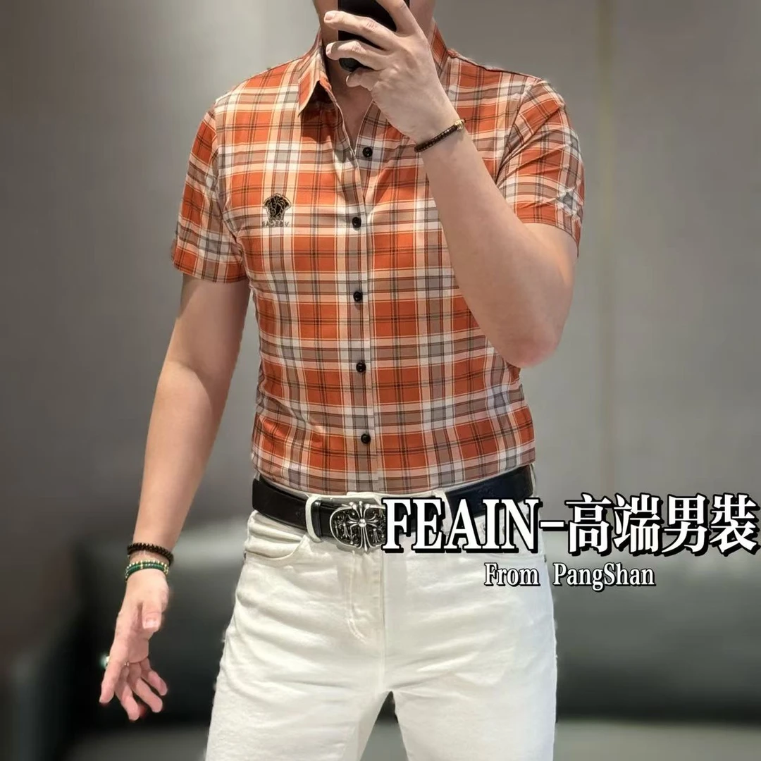 1高端弹力莱卡冰丝立体修身裁剪经典格纹短袖衬衫0631