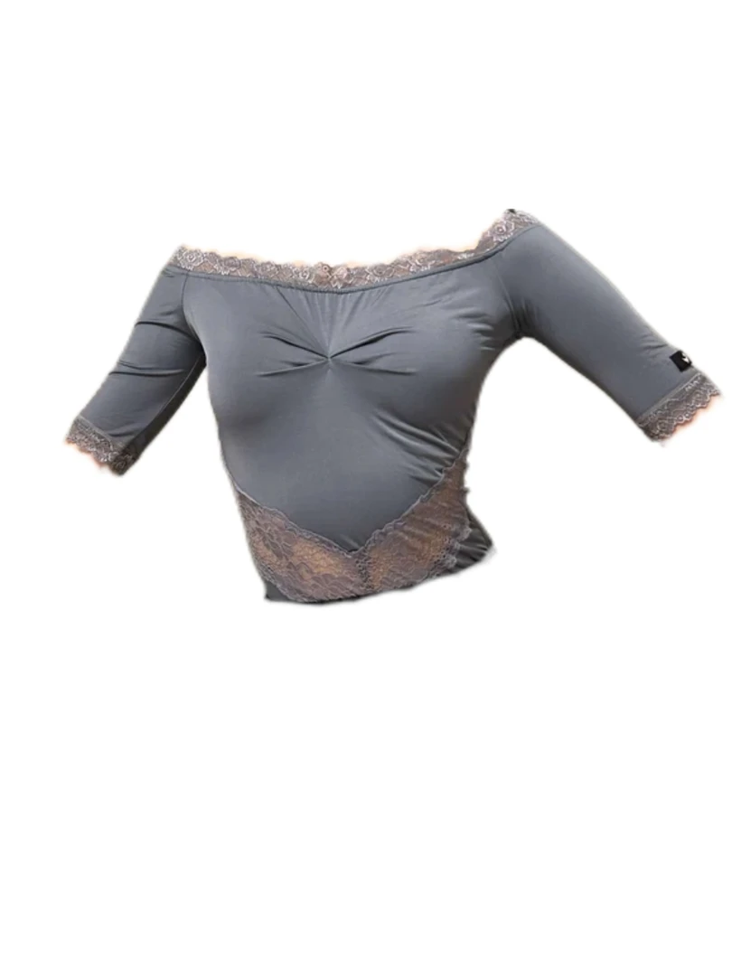 鲸艺舞服国标舞摩登舞多色百搭显瘦J177一字肩蕾丝五分袖上衣