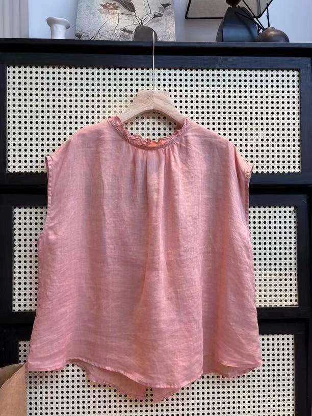 100%的苎麻高级感洋气独特圆领短袖衬衫女夏季薄款宽松显瘦衬衣