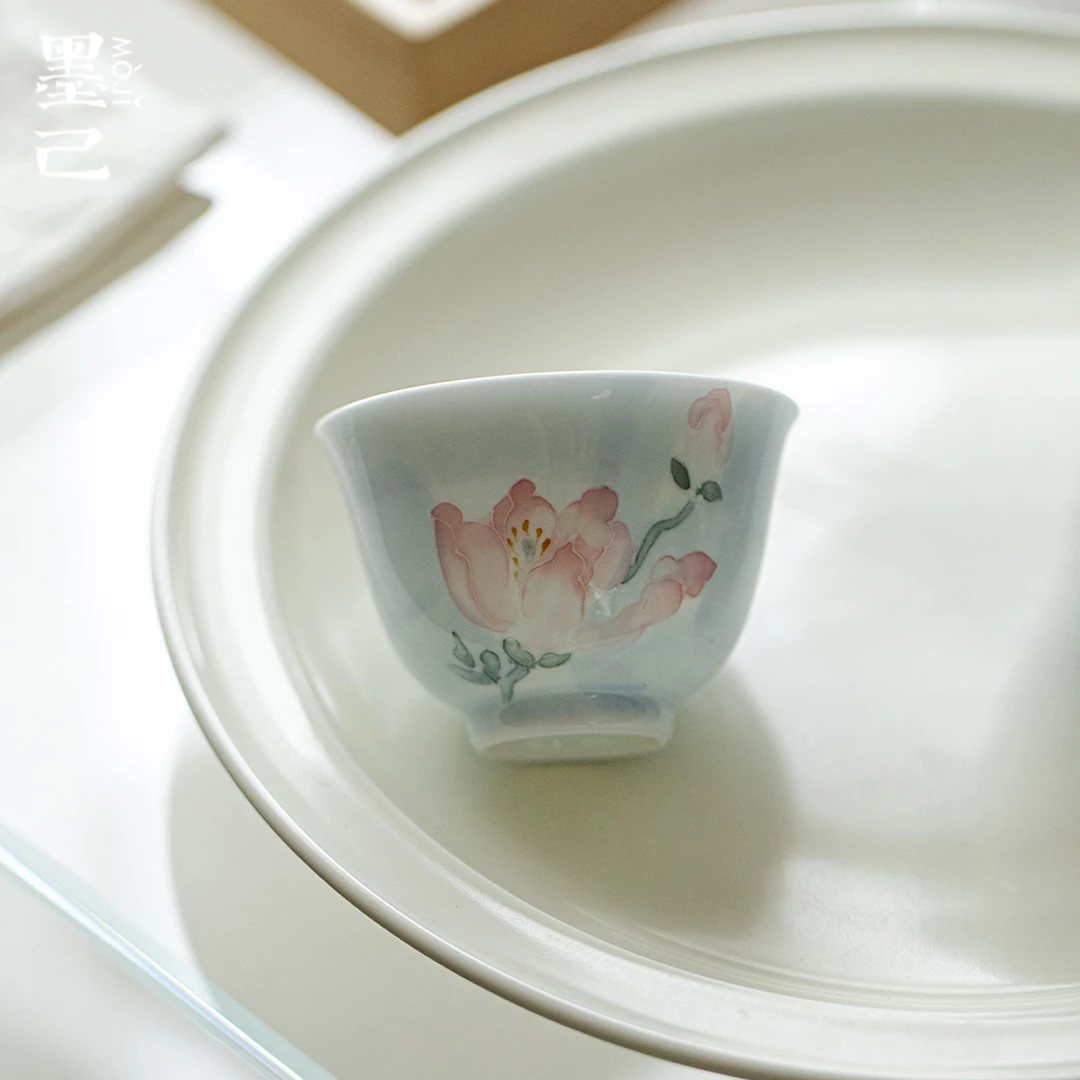 墨己玉泥白瓷手绘玉兰花薄胎品茗杯小号功夫茶具家用茶杯单杯杯子
