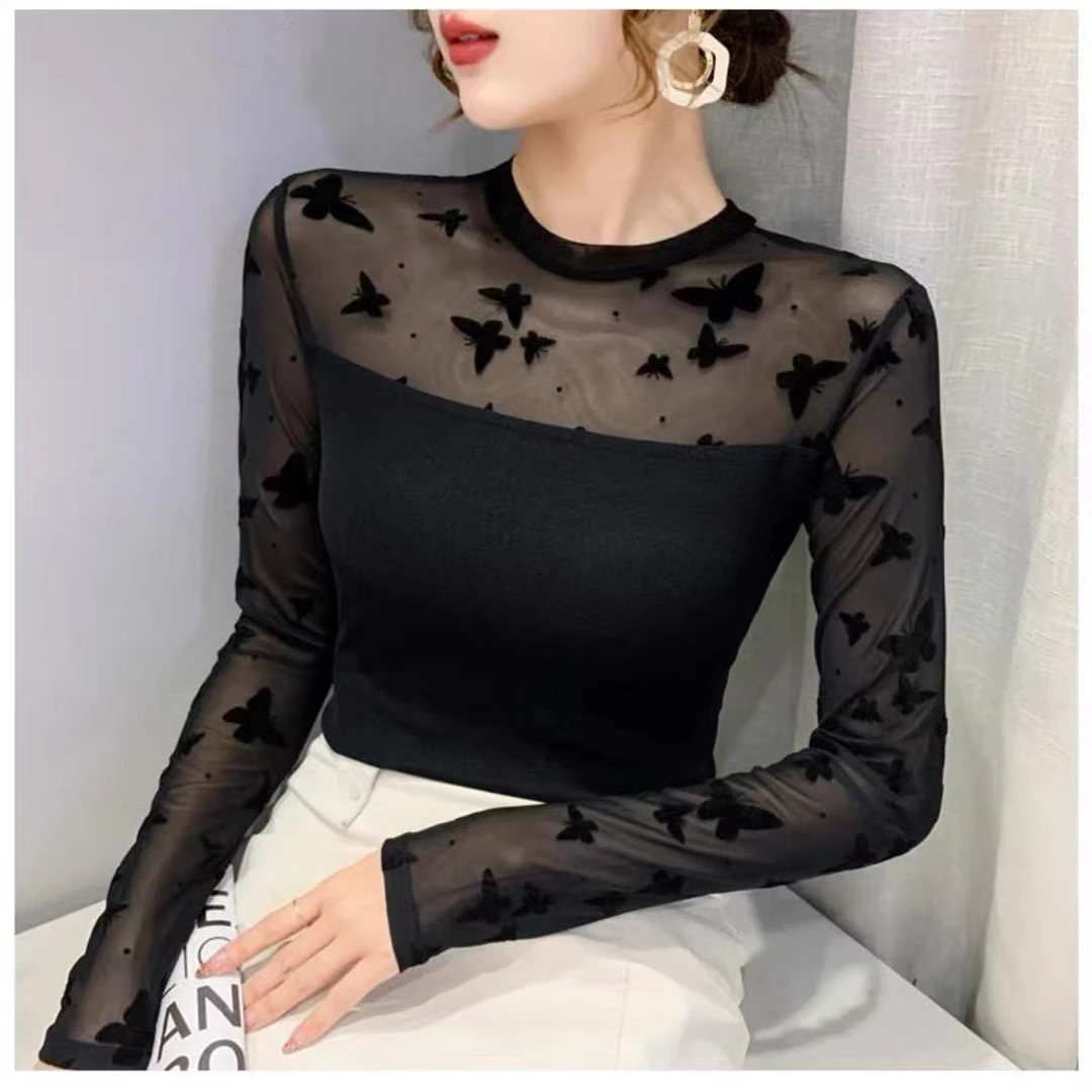 2025新款蕾丝打底衫女春秋薄款百搭修身显瘦圆领短袖网纱上衣T恤