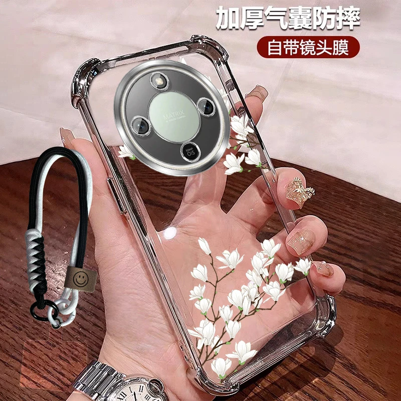 轻奢花朵适用荣耀x70手机壳四角防摔X70带镜头膜透明全包创意小众