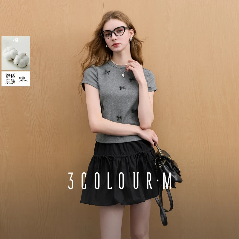 三彩2025夏季新款蝴蝶结T恤修身短款圆领正肩短袖套头衫上衣M