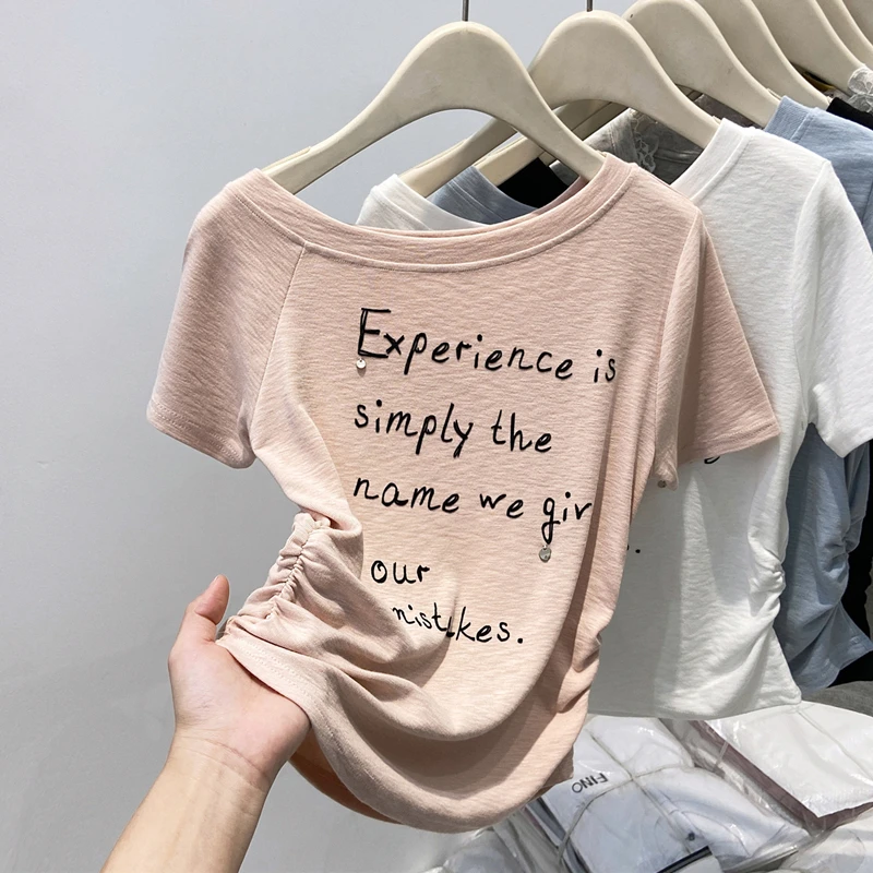 显瘦斜肩字母印花白色短袖T恤女夏季新款褶皱收腰修身显瘦上衣