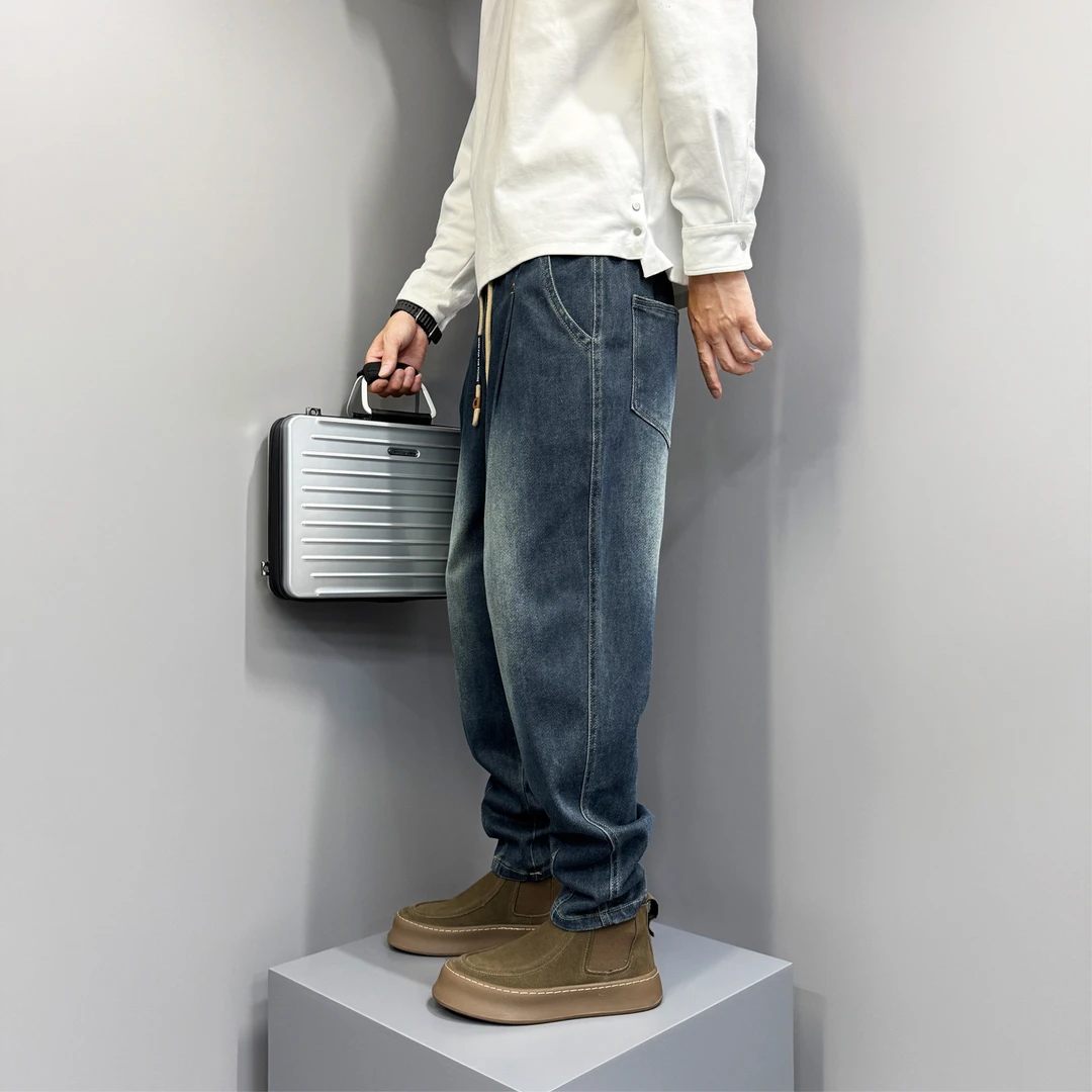 2025早秋新款美式复古牛仔裤男生宽松直筒锥形水洗做旧萝卜休闲裤