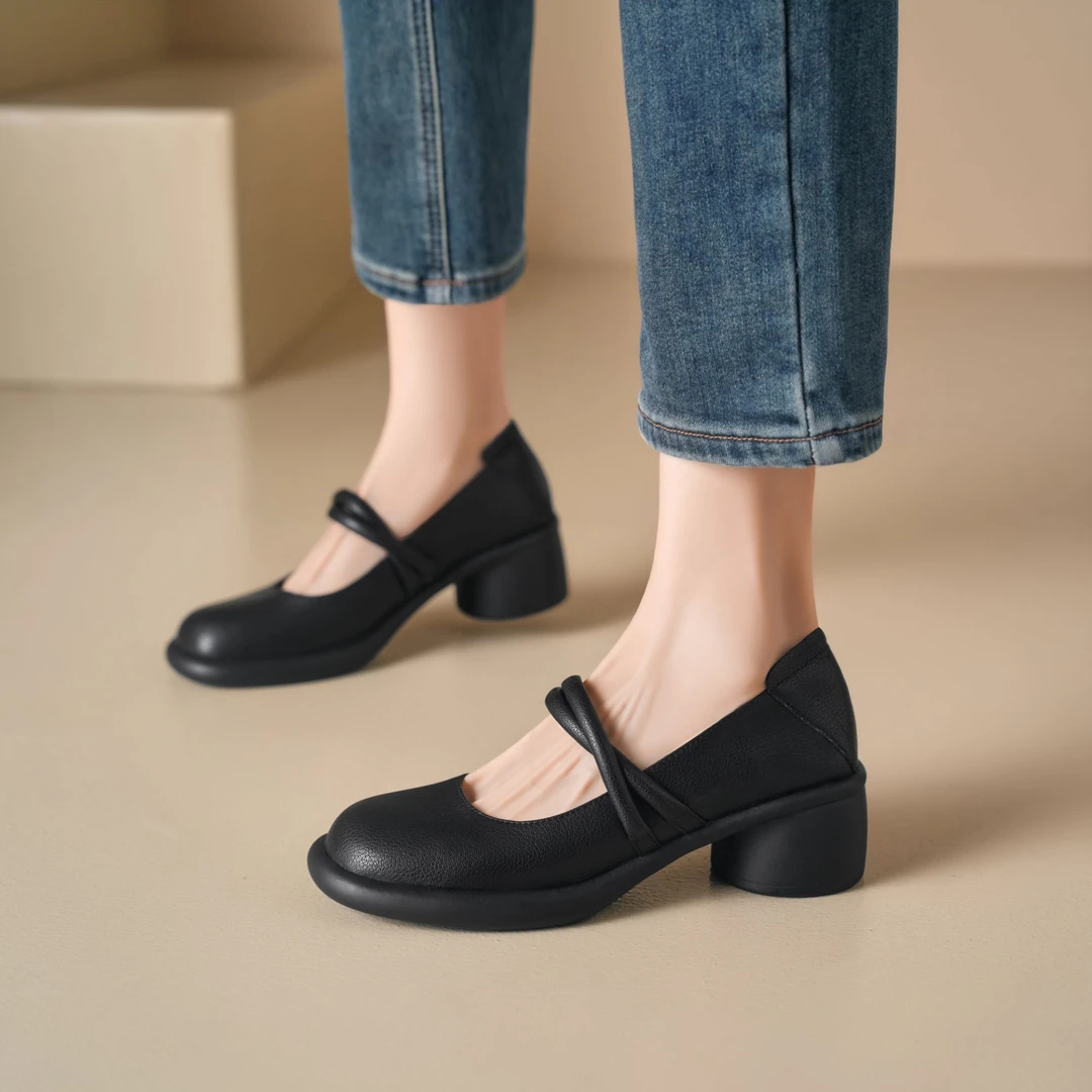 星期六百搭黑色复古法式玛丽珍女鞋厚底小个子粗跟圆头跟鞋通勤鞋