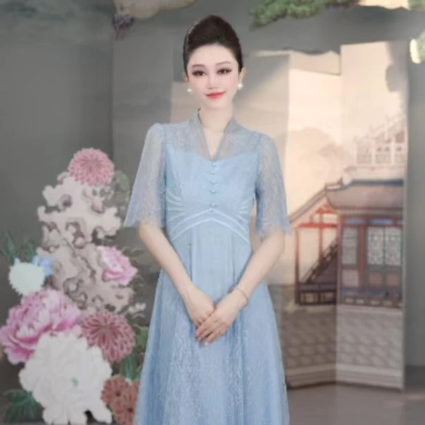 【石青点黛】古色SUSSI 腰节贴条短袖蕾丝法式收腰连衣裙