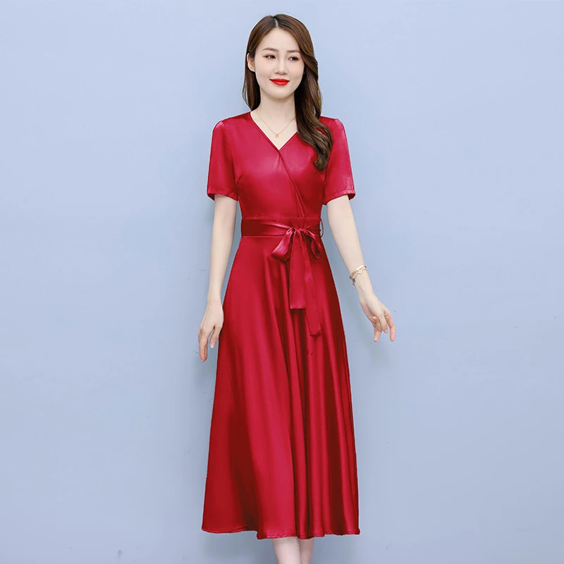 2025夏季新款红色真丝连衣裙短袖长款腰带收腰显瘦洋气大摆长裙子