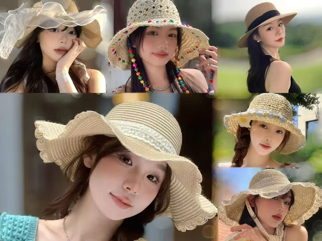 爆款网红时尚蕾丝出游草帽合集三亚海边防晒大帽檐韩版百搭夏季