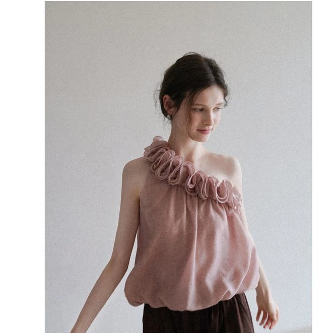 EGGKA重工花边斜肩花苞背心女夏气质无袖显瘦粉色上衣E25A5488AF