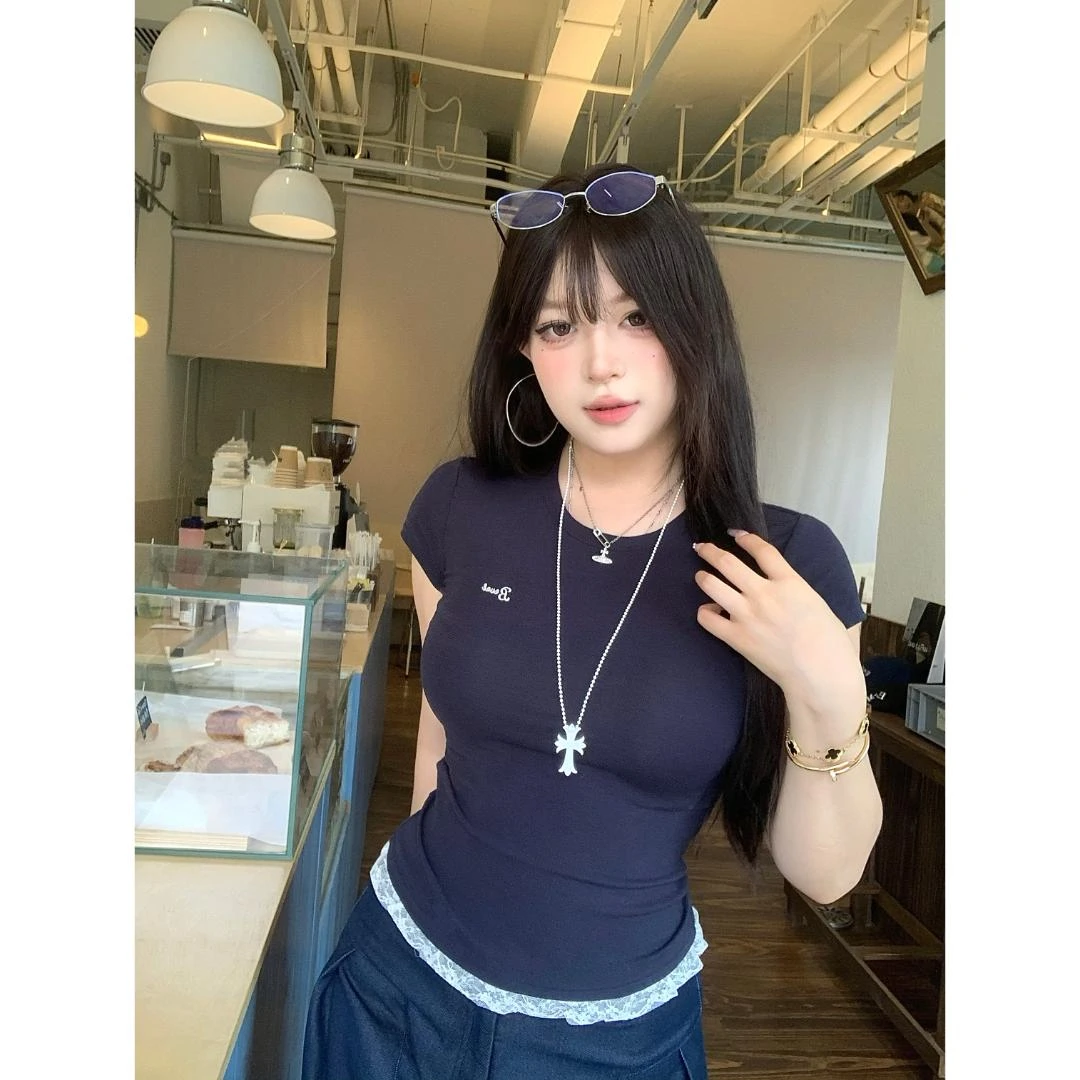 黑泽玄七蕾丝拼接短袖t恤女亲肤夏季新款设计感显瘦修身上衣女