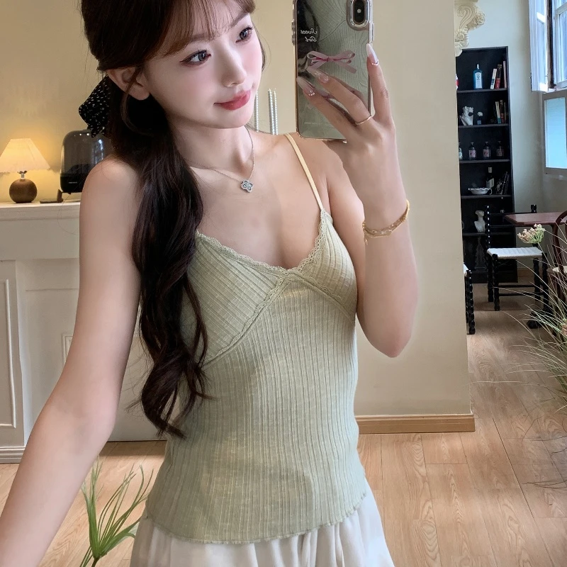 辣妹春夏季新款吊带背心女蕾丝时尚性感自带胸垫修身显瘦打底上衣