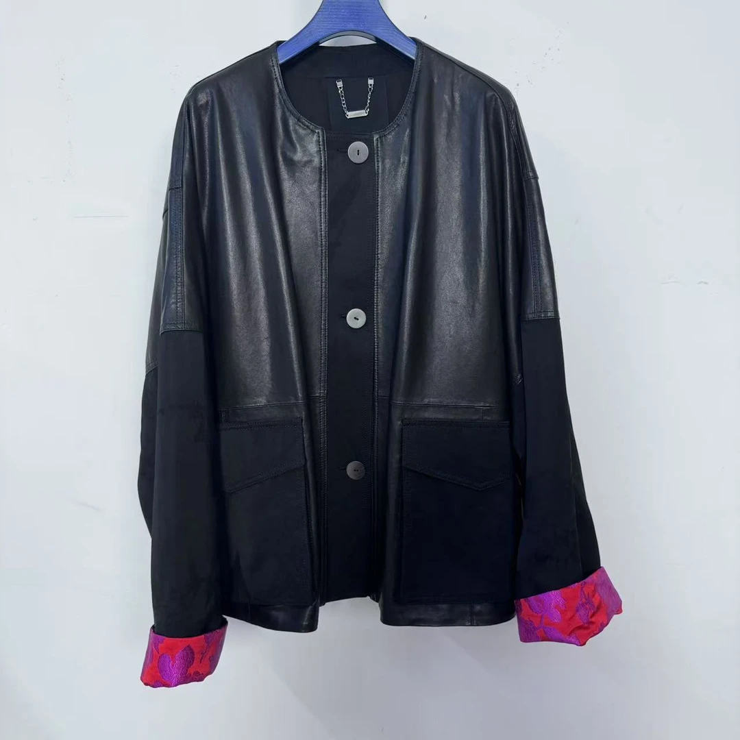 真皮绵羊皮女拼色宽松廓形外套