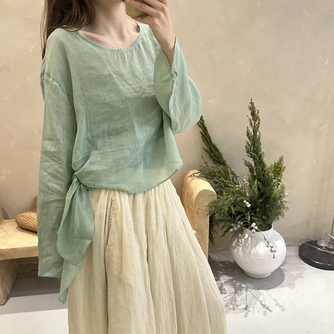 天然苎麻小众设计款纯色飘带小衫