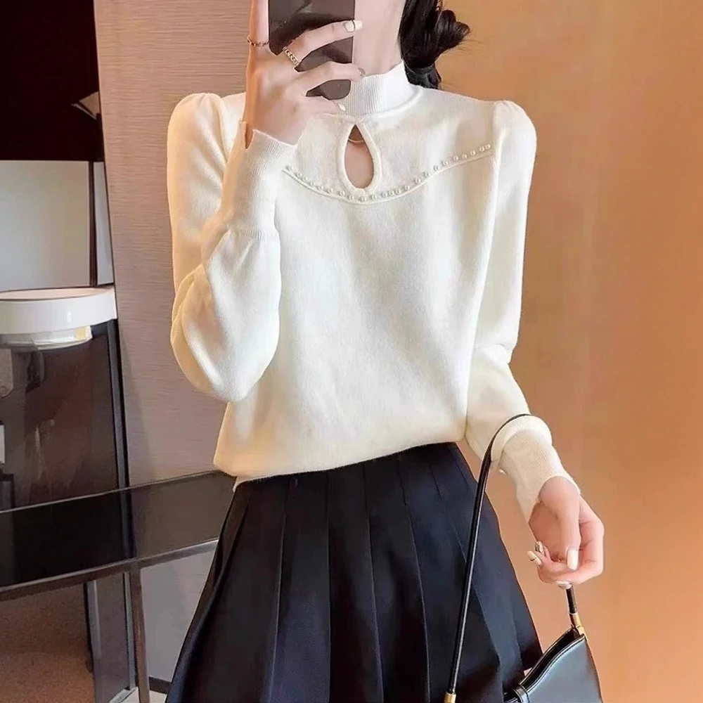 【晨浠定制】新款时尚百搭镂空钉珠加绒针织上衣三色5206