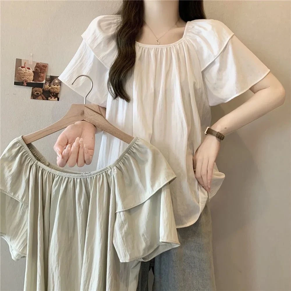 大码甜美风复古方领短袖衬衫女夏季胖mm宽松显瘦遮肚百搭小众上衣