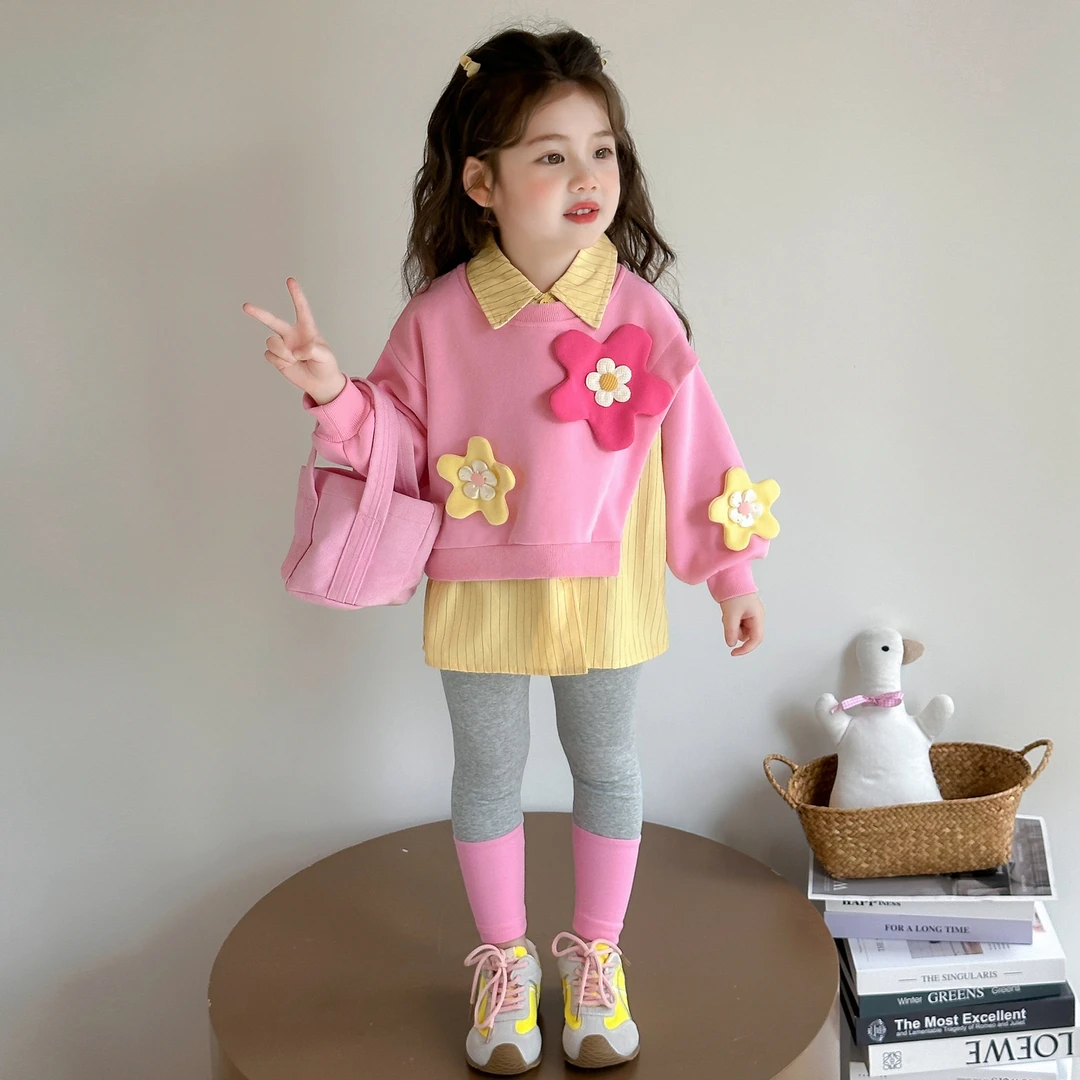 女童秋装套装2025新款女宝宝假两件卫衣洋气儿童韩版打底裤两件套