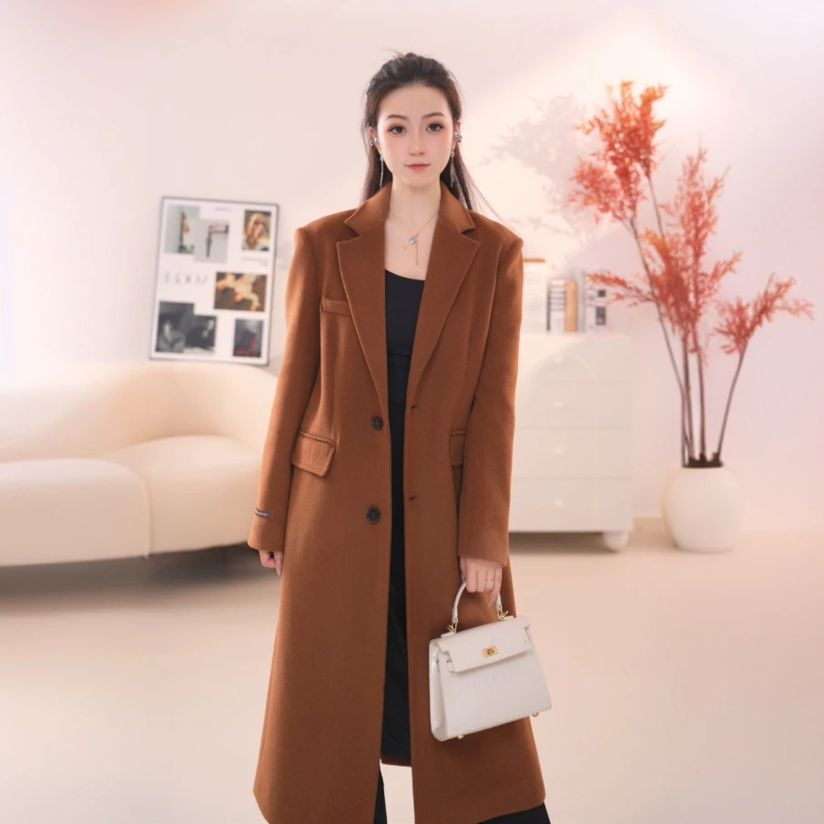 H105【朗】纯羊毛设正肩通勤西装大衣长款复古高级感毛呢外套女冬季