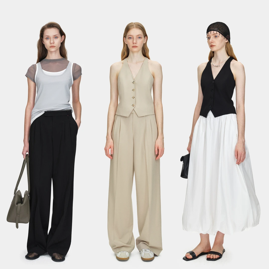 Marllen摩登诗篇 V领工字西装马甲双腰头阔腿裤 时尚通勤套装女夏