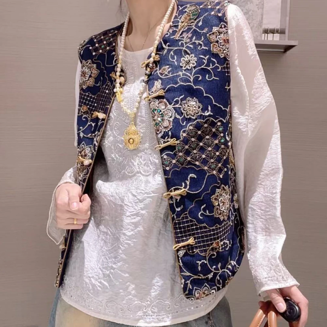 修身型简约新中式重工刺绣牛仔秋冬无袖马甲