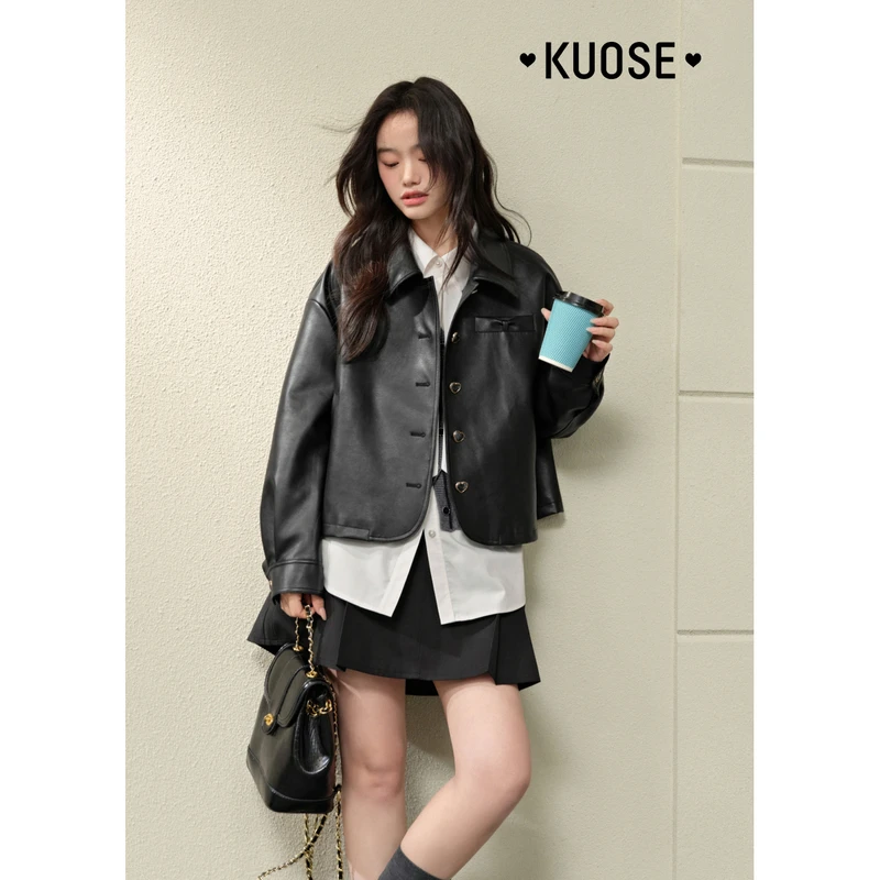 阔色复古皮衣机车外套短款2025春季新款气质翻领夹克KSQ2501002