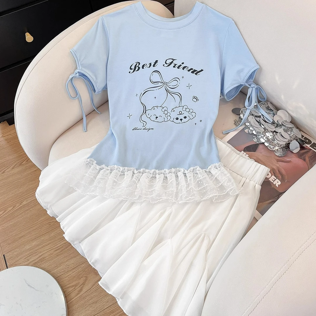 夏季新款爆款时尚百搭甜美浅蓝蕾丝拼接蝴蝶结系带正肩短袖t恤女