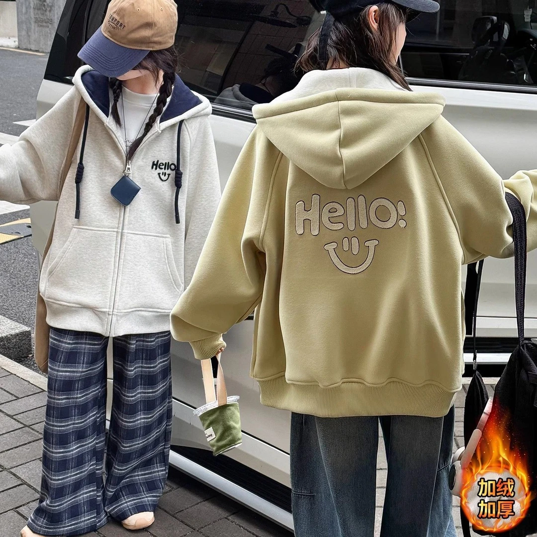 女童字母加绒卫衣外套2025新款秋冬中大童加厚连帽刺绣一体绒开衫