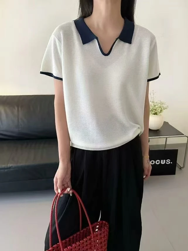 灰色冰丝打底短袖t恤女新款洋气薄款宽松显瘦百搭撞色翻领上衣