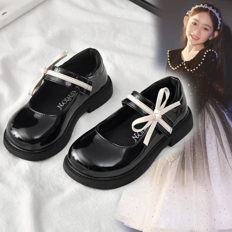 女童皮鞋2025春秋季新款黑色鞋子儿童蝴蝶结公主鞋女孩单鞋学生鞋