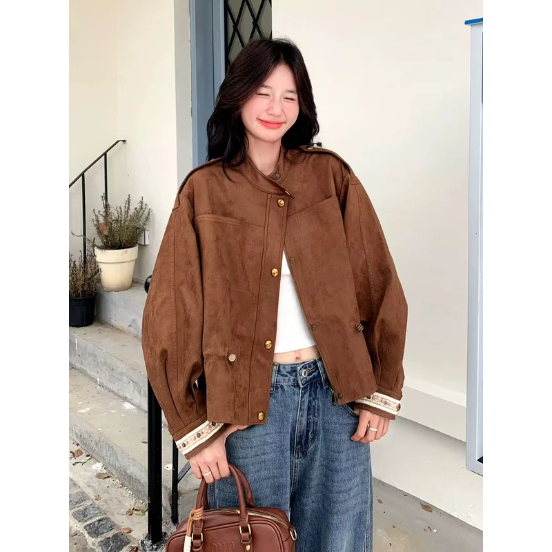 88002-32692  宽袖常规款女立领法式外套皮夹克