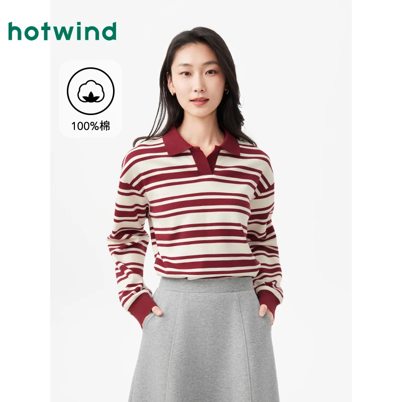 热风2025年春季新款女士条纹POLO长T恤F09W25102