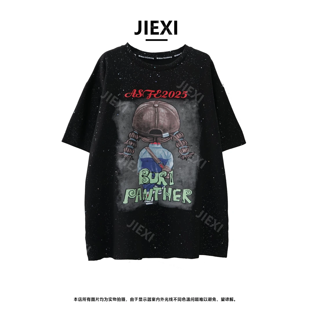 JIEXI设计师大版型街头潮酷重工印花宽松短袖T恤jx3687