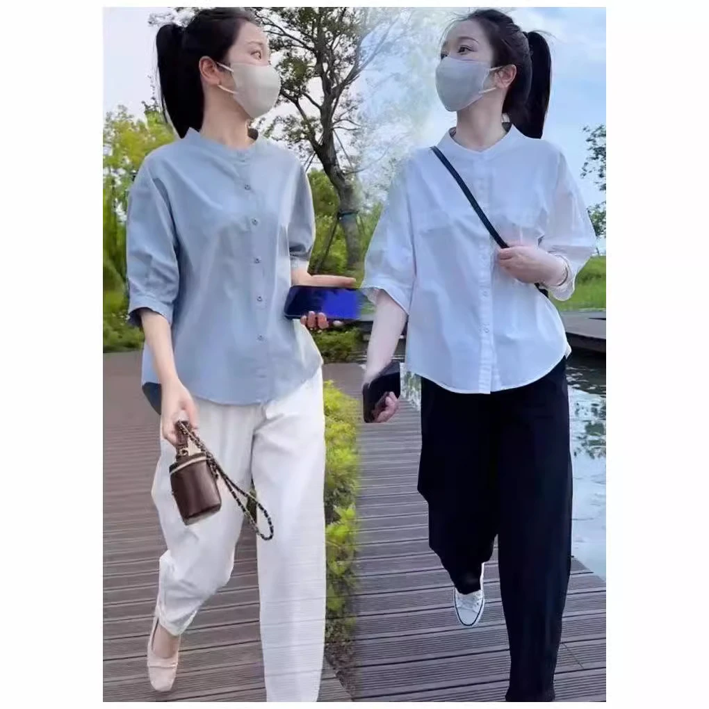 圆领中袖宽松衬衫女2024夏季新款遮肉肚显瘦薄款简约纯色小衫上衣